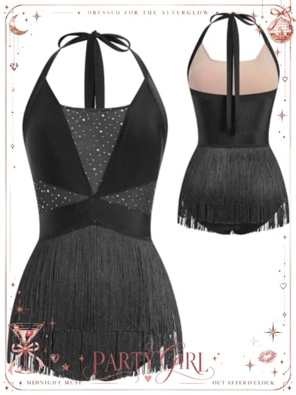Latin Dance Sequin Fringe Bodysuit Mesh Halter Jumpsuit Performance Costume